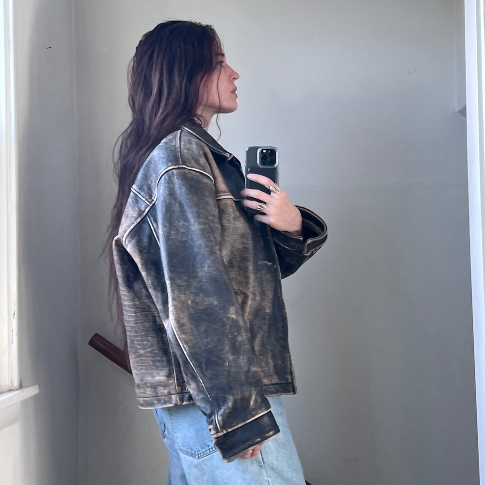 Vintage 90s J. Crew Leather Bomber Jacket Large Brown Worn Distressed Faded - Picture 2 of 12